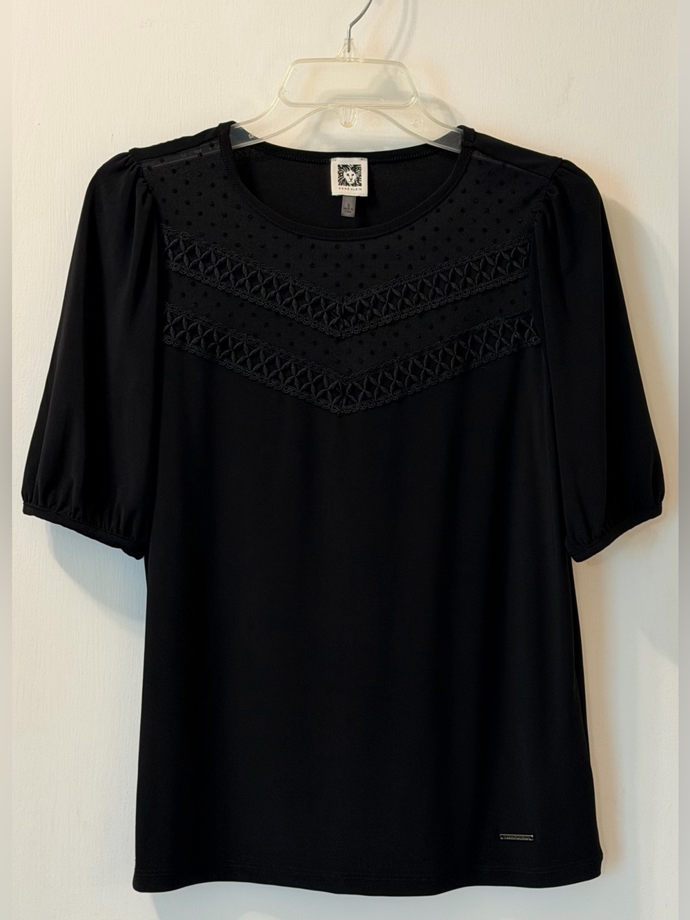 Anne Klein Black Puff Sleeve Knit Top with Lace Yoke
